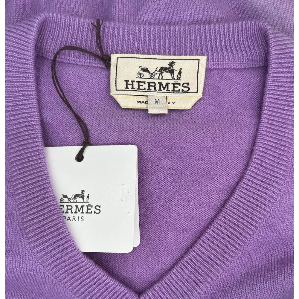 Hermes Long Sleeve 100% Cashmere Mens V-Neck Sweater EU Size M Mauve Color - Picture 4 of 10